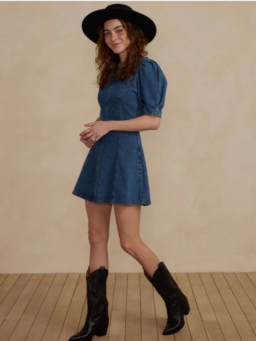 Rylee + Cru Blue Denim Puff-Sleeve Mini Dress